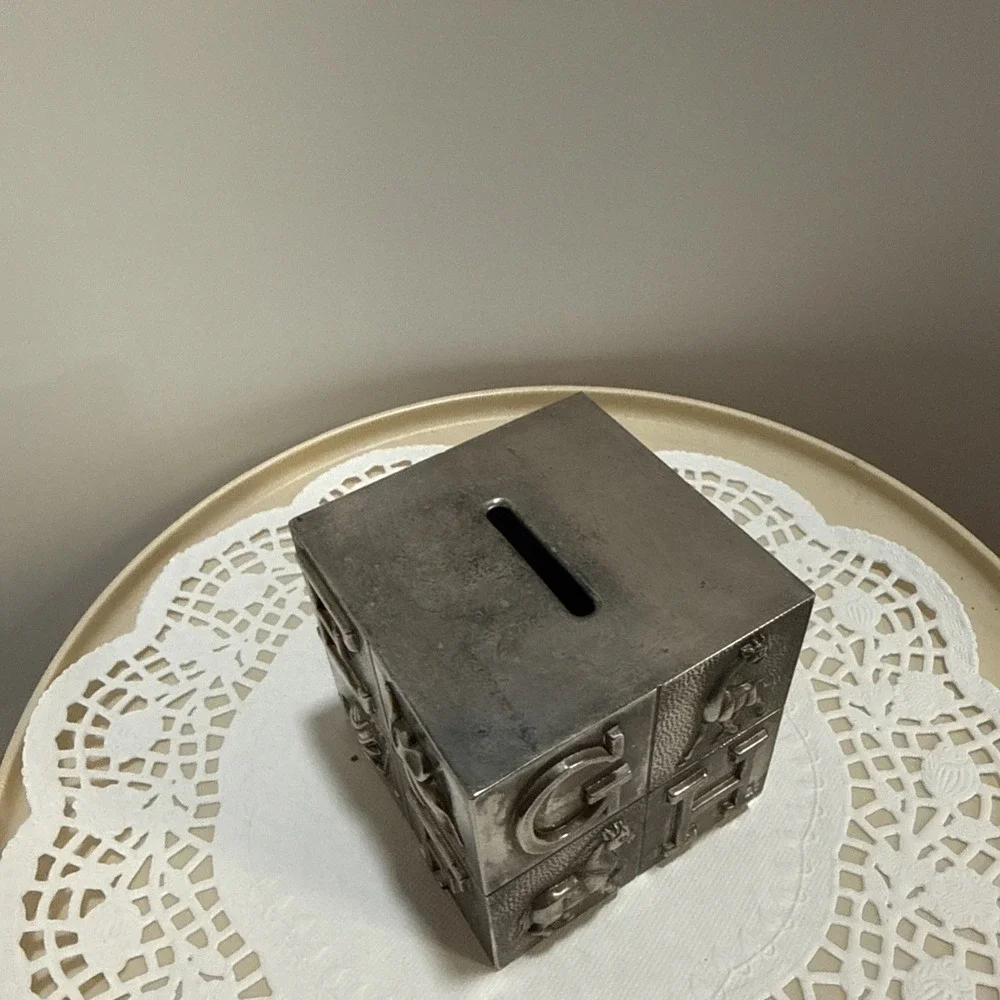 Godinger Silver ABC Block Piggy Bank Cube Nursery Baby Keepsake Metal‎